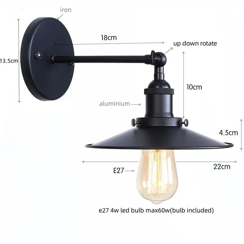 Industrial black vintage wall light with black iron and aluminum rotating arm and conical shade for bathroom decorbites industrial
