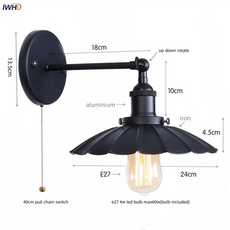 Industrial black vintage wall light with black wrought iron and aluminum fluted shade for bathroom decorbites industrial vintage