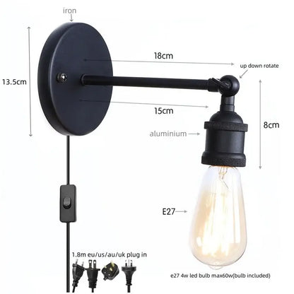 Industrial black vintage wall light with black iron and aluminum and edison bulb for bathroom decorbites industrial vintage