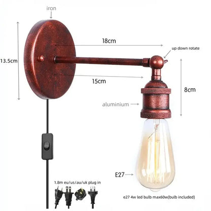 Industrial black vintage wall light with rusted iron backplate aluminum arm and exposed Edison bulb decorbites industrial vintage