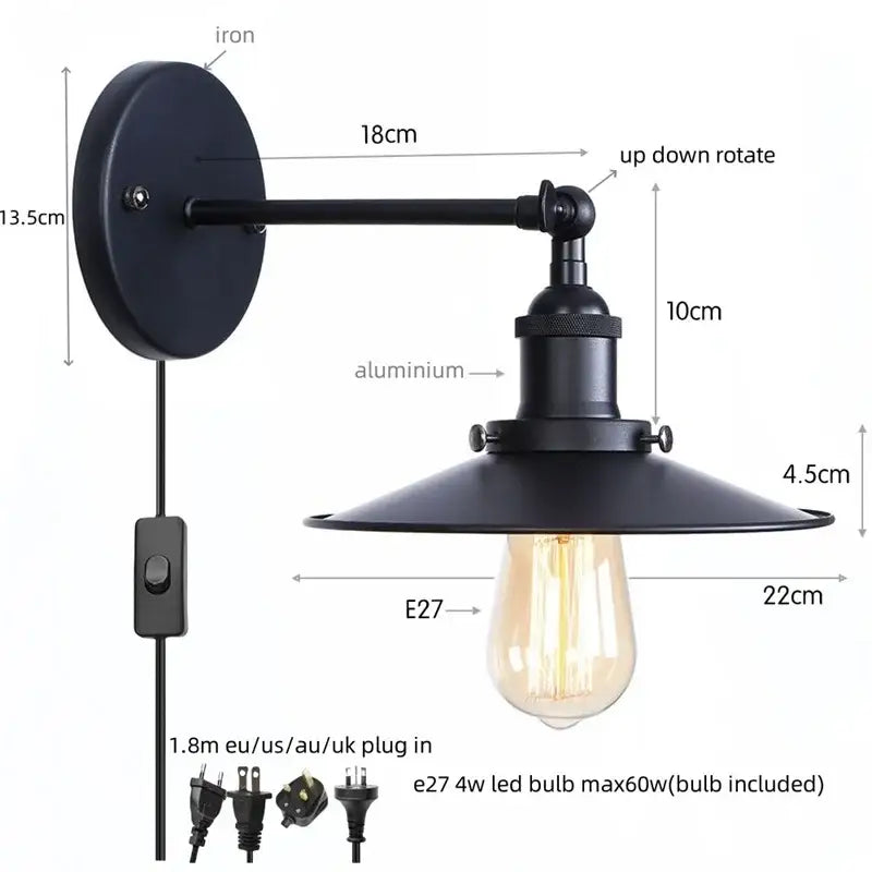 Industrial black vintage wall light by decorbites featuring wrought iron and aluminum rotating arm with e27 led bulb