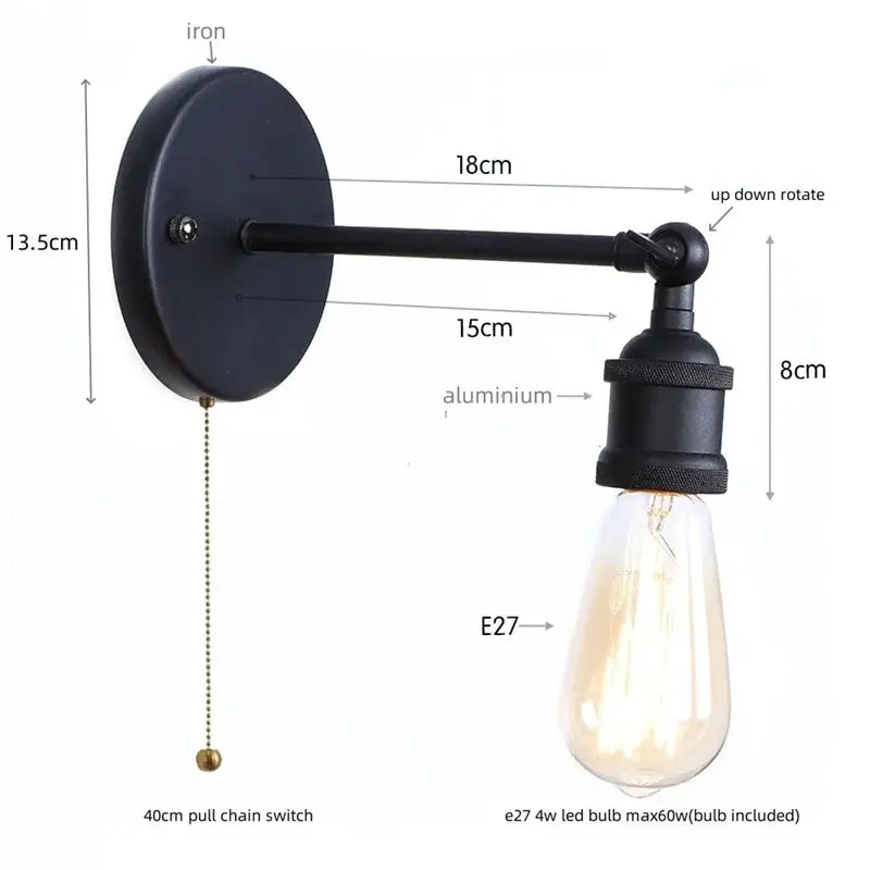 Industrial black vintage wall light in black iron and aluminum with Edison bulb for bathroom decorbites industrial style
