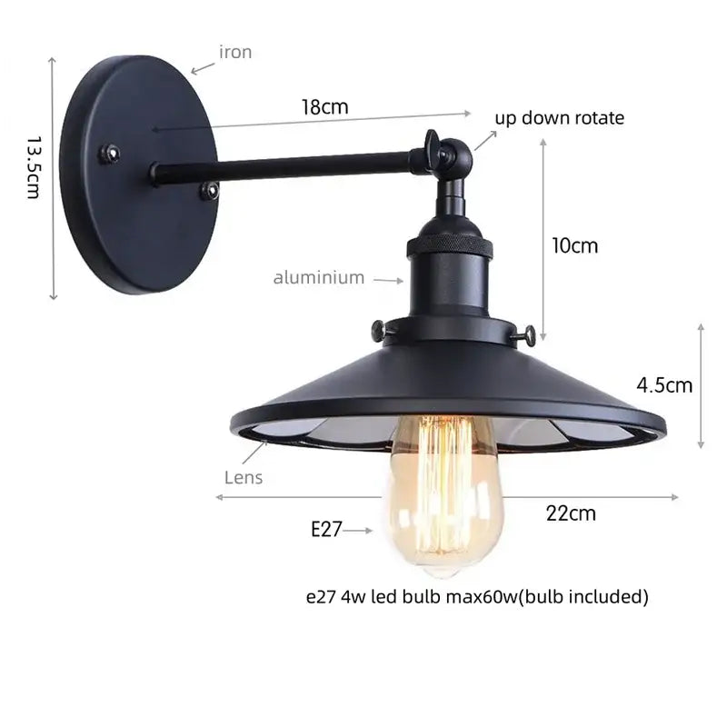 Black industrial vintage wall light with iron and aluminum construction and adjustable arm featuring Edison bulb by Decorbites