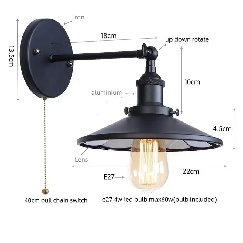 Industrial black vintage wall light with matte finish iron plate aluminum arm and visible Edison bulb decorbites industrial