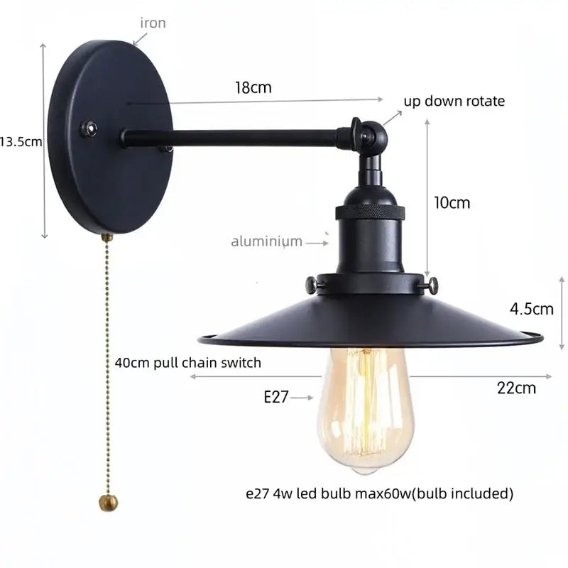 Industrial black vintage wall light by decorbites featuring adjustable wrought iron and aluminum arm with pull-chain switch