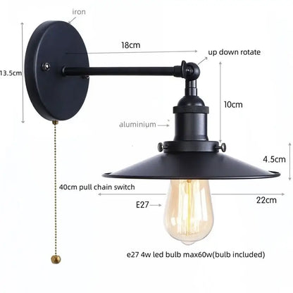 Industrial black vintage wall light by decorbites featuring adjustable wrought iron and aluminum arm with pull-chain switch