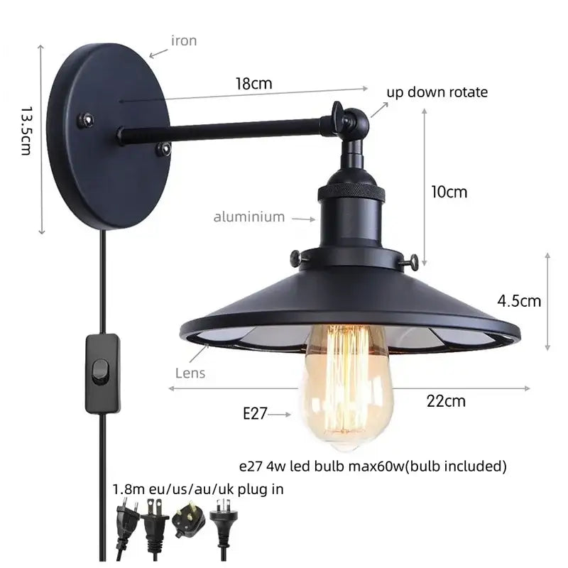 Black industrial vintage wall light by decorbites with matte iron plate aluminum arm and exposed edison bulb for bathroom