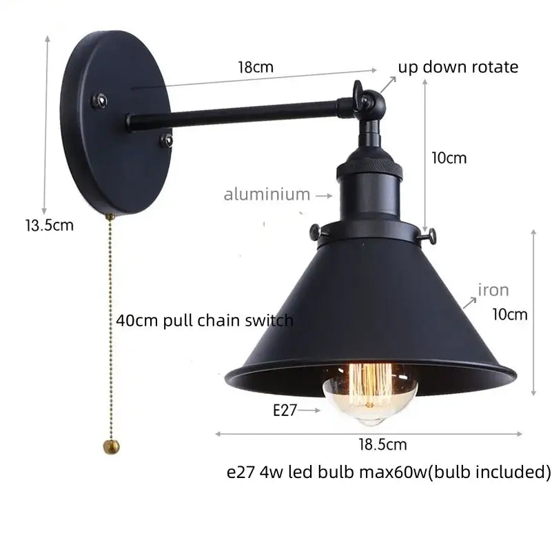 Industrial black vintage wall light with adjustable arm iron conical shade for bathroom decorbites industrial vintage