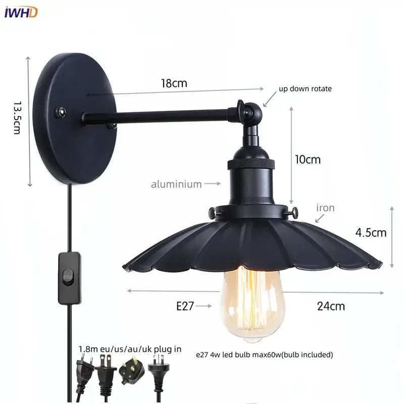 Industrial black vintage wall light by decorbites featuring wrought iron aluminum with fluted shade and e27 socket for bathroom