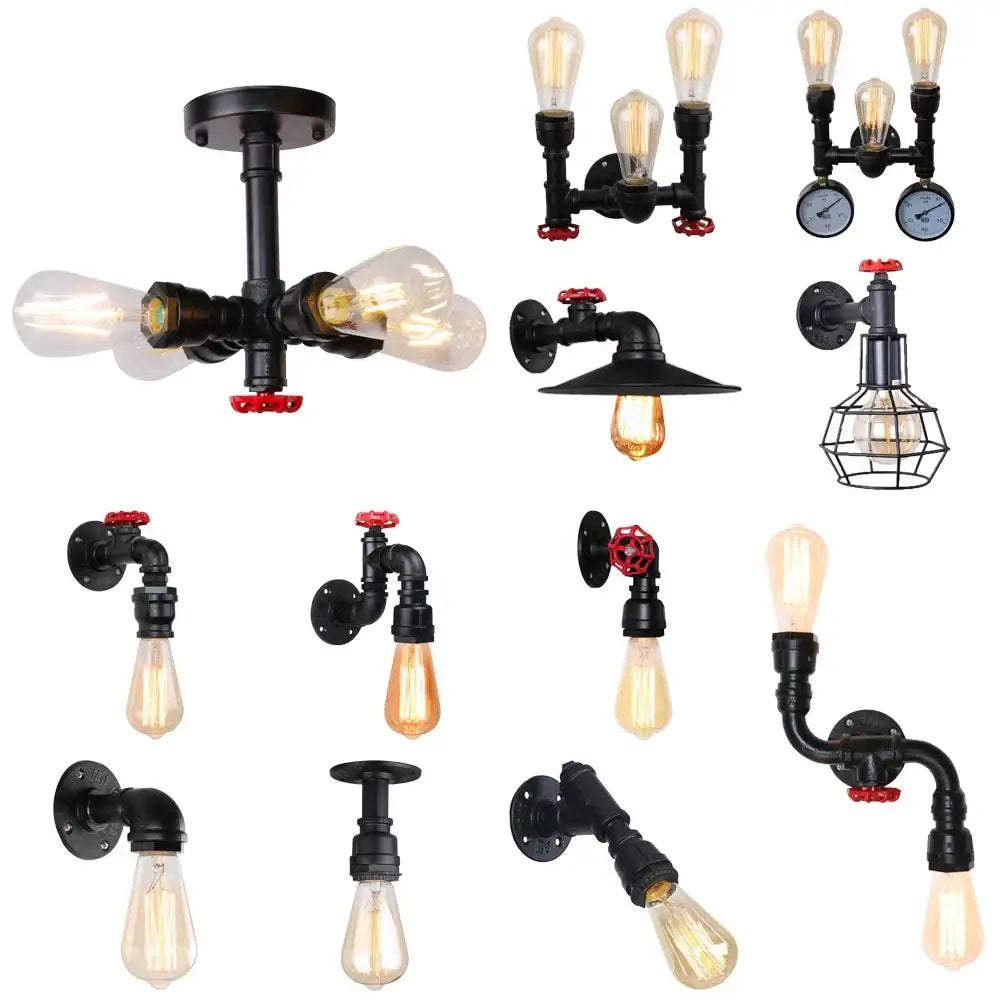 Industrial black water pipe wall lamp with red valve accents and exposed filament bulbs for decorbites industrial water style
