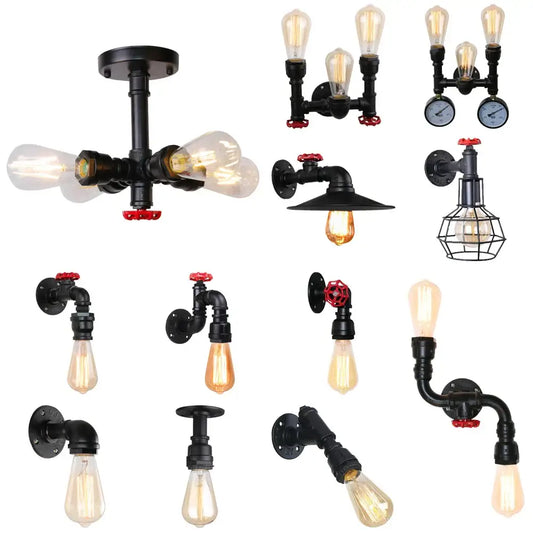 Industrial black water pipe wall lamp with red valve accents and exposed filament bulbs for decorbites industrial water style