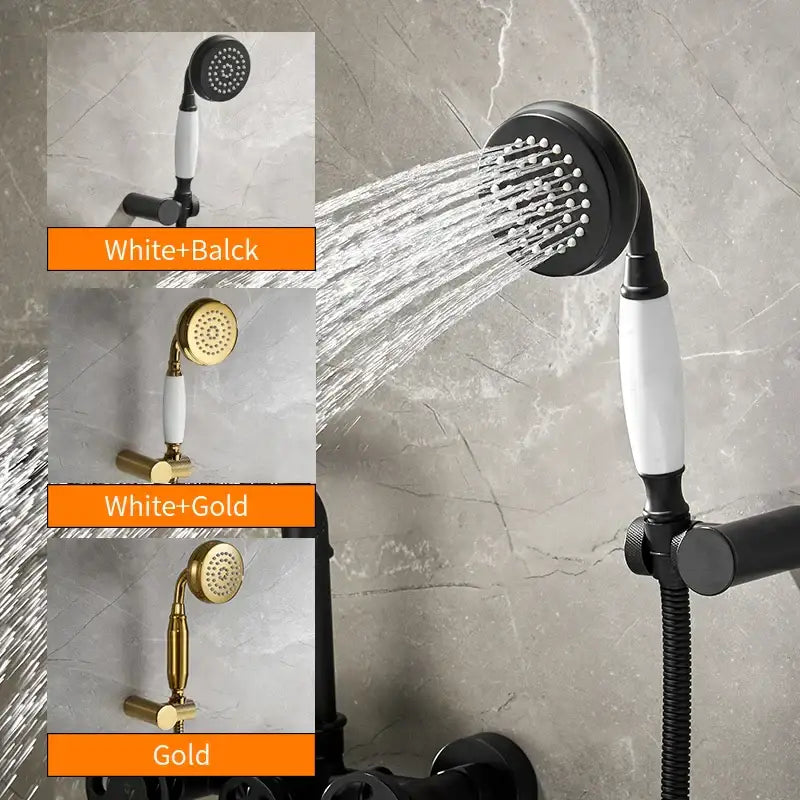 Black and white handheld showerhead with sleek modern design in industrial dual control white bath shower set