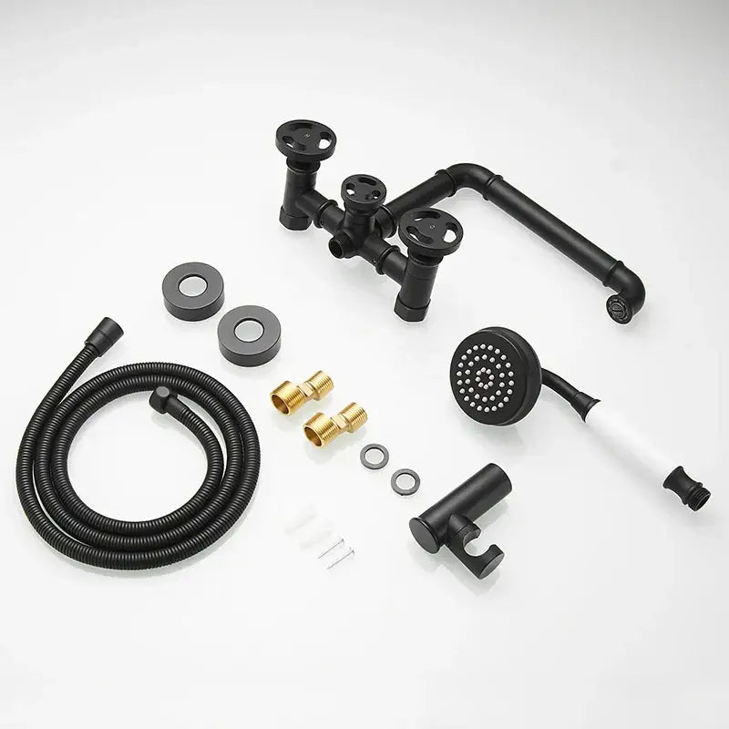 Industrial black and white bath shower set with black matte dual control wall-mounted faucet and brass handheld showerhead