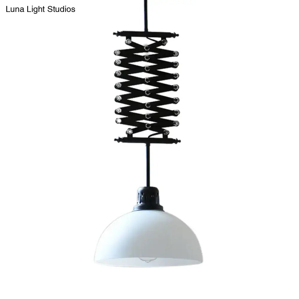 Black white finish DecorBites™ industrial style pendant light with articulated metal suspension and white opal glass dome shade