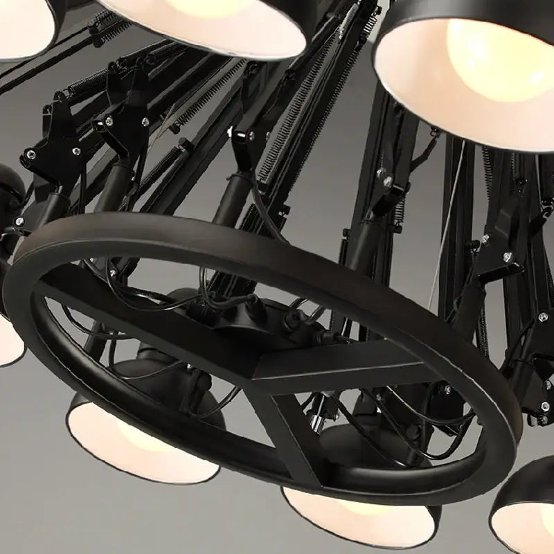 Black industrial spider ceiling lamp with adjustable arms and circular metal frame for living room ceiling lamp