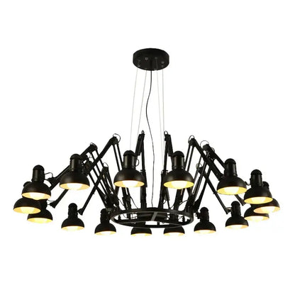 Industrial black spider ceiling lamp with multiple articulated arms and dome-shaped light fixtures for living room