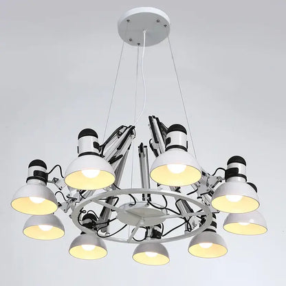 White industrial spider ceiling lamp with articulated arms and adjustable lamp heads for living room use
