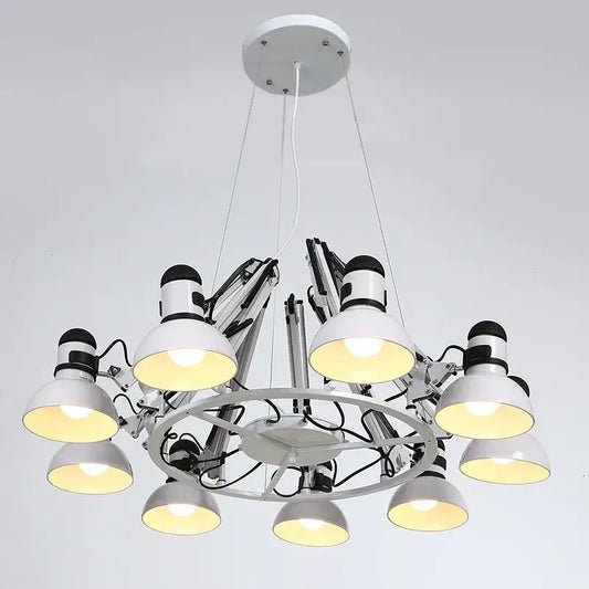 White industrial spider ceiling lamp with articulated arms and adjustable lamp heads for living room use