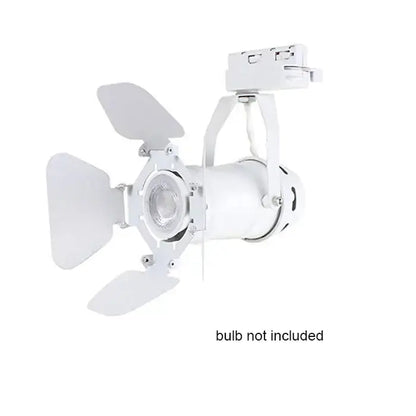 White metal industrial track spotlight with adjustable barn doors and mounting bracket for office lighting