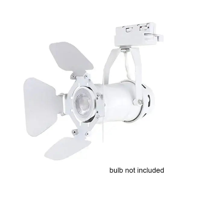 White metal industrial track spotlight with adjustable barn doors and mounting bracket for office lighting