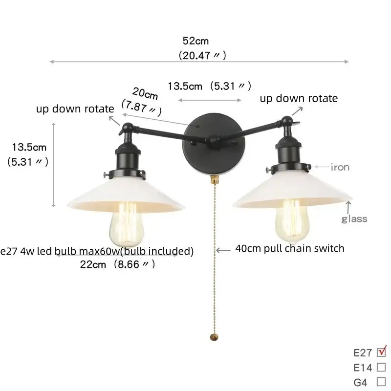 Black iron industrial led wall light with two adjustable arms, white glass shades, and pull chain for bedroom decorbites industrial led