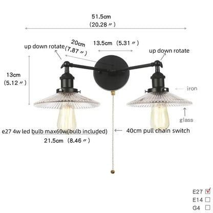 Black iron industrial led wall light with two adjustable arms and clear glass shades for bedroom decorbites industrial led