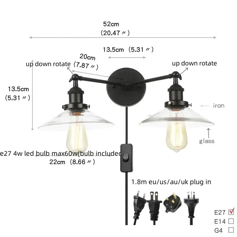 Black iron industrial led wall light with two adjustable arms and clear glass shades for bedroom decorbites industrial led