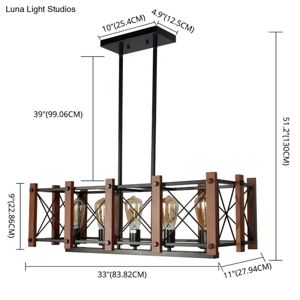 Industrial black wood 5-light island pendant with black metal frame wooden accents and four e26 e27 edison bulbs
