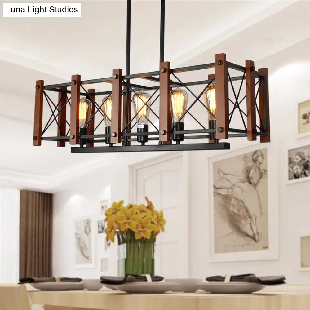 Industrial black wood 5-light island pendant with black metal frame wooden accents and e26 e27 exposed bulbs