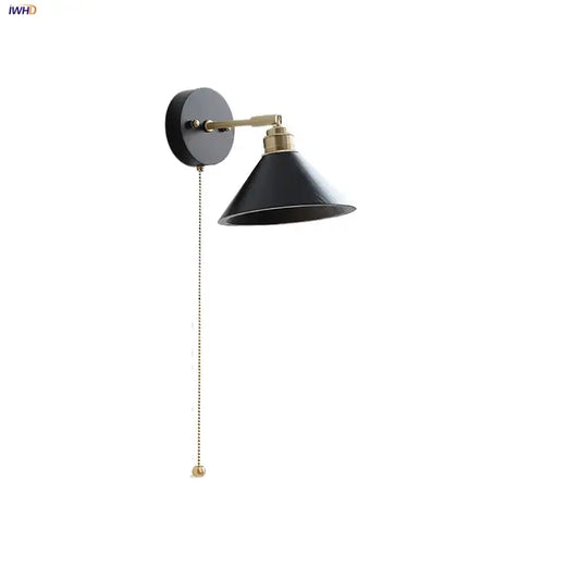 Industrial black wood led wall sconce with brass accent pull-chain switch for stair light decorbites black wood design
