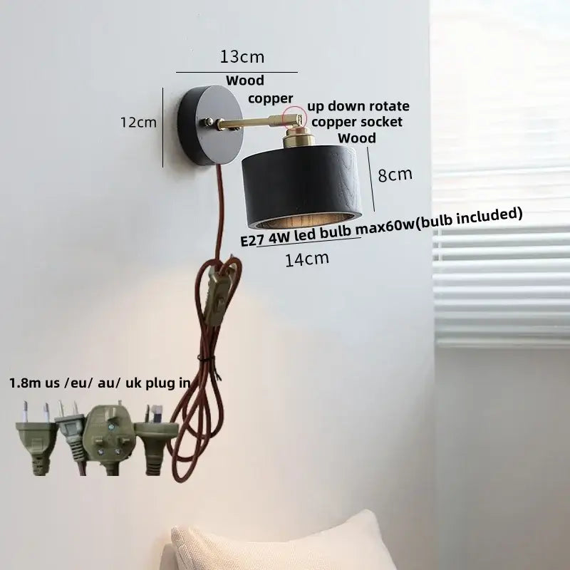 Industrial black wood led wall sconce with brass accent featuring adjustable rotate socket and wood base decorbites black wood