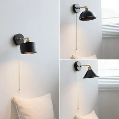 Industrial black wood led wall sconce with brass accents and pull-chain switch for stair light decorbites black wood design