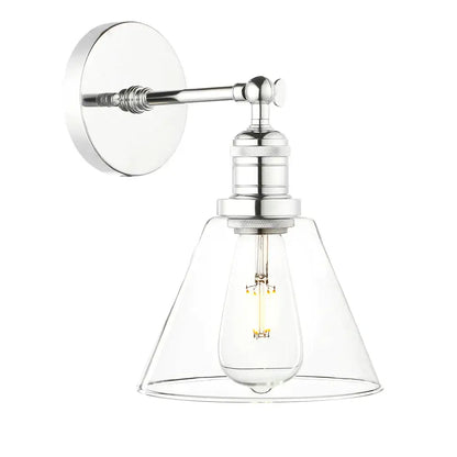 Chrome-finished wall lamp with clear glass shade and exposed filament bulb for industrial bedroom lighting