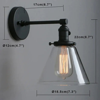 Industrial black wrought iron wall sconce with clear glass cone canopy and exposed filament bulb for kitchen decorbites cone canopy wall