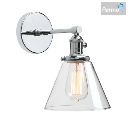 Chrome-finished permo wall sconce with clear glass conical shade and exposed filament bulb for kitchen decorbites cone canopy wall