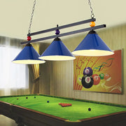 DecorBites™ black and red industrial cone shade ceiling pendant with 3 metal heads and billiard ball decor above pool table