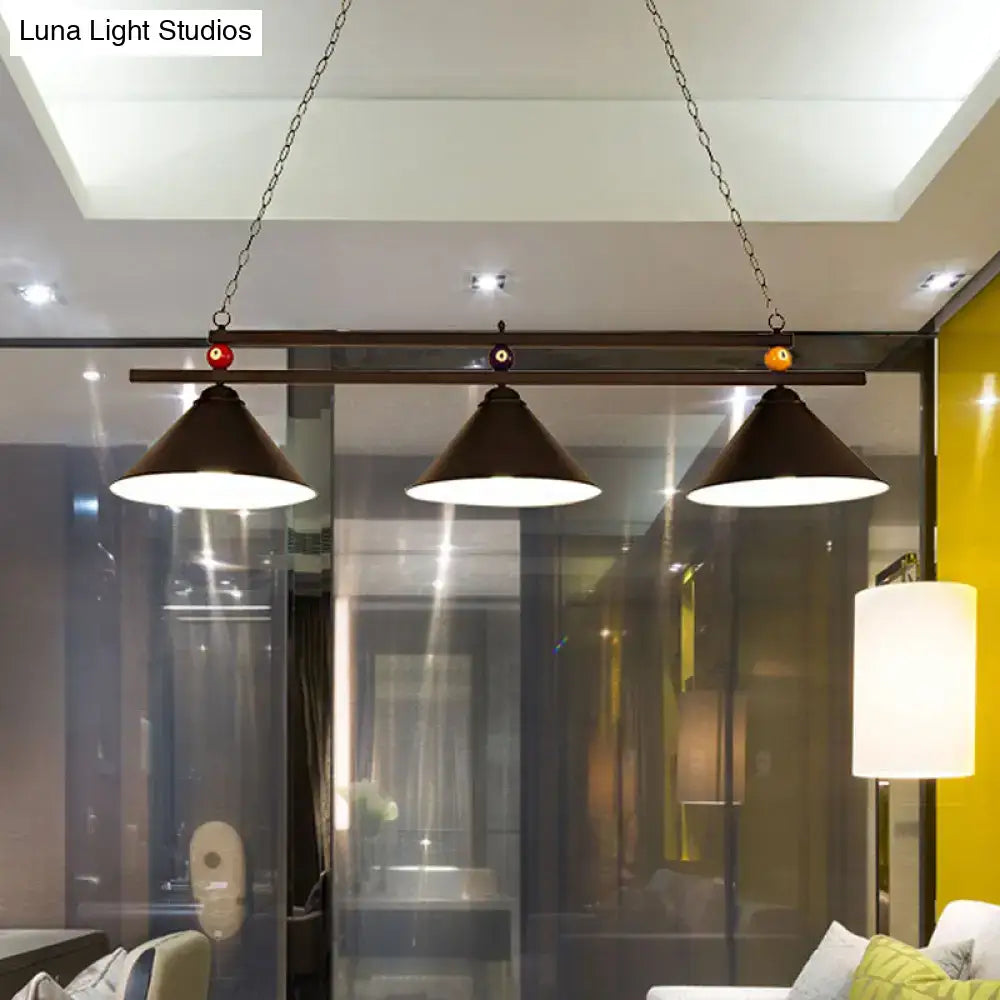 Decorbites black red industrial cone shade ceiling pendant with three dark bronze metal heads and chain suspension
