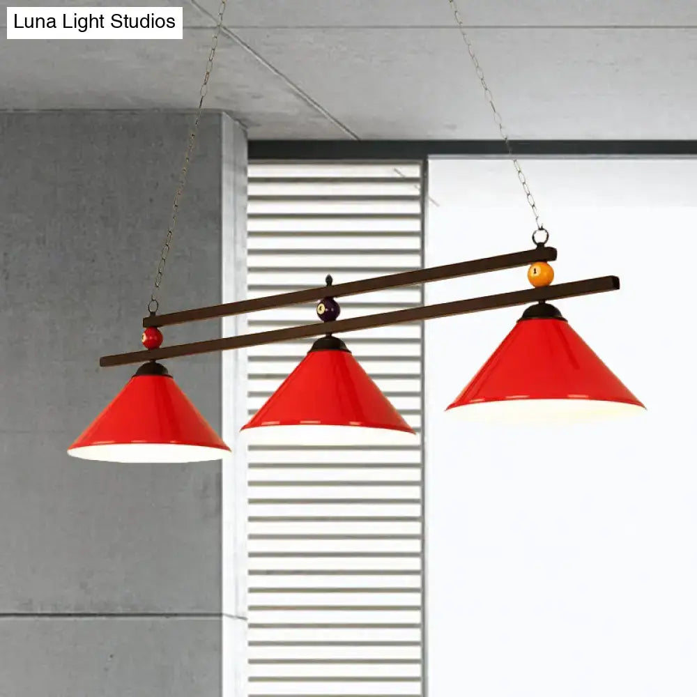 DecorBites black red industrial cone shade ceiling pendant with 3 metal heads and wooden frame chain suspension