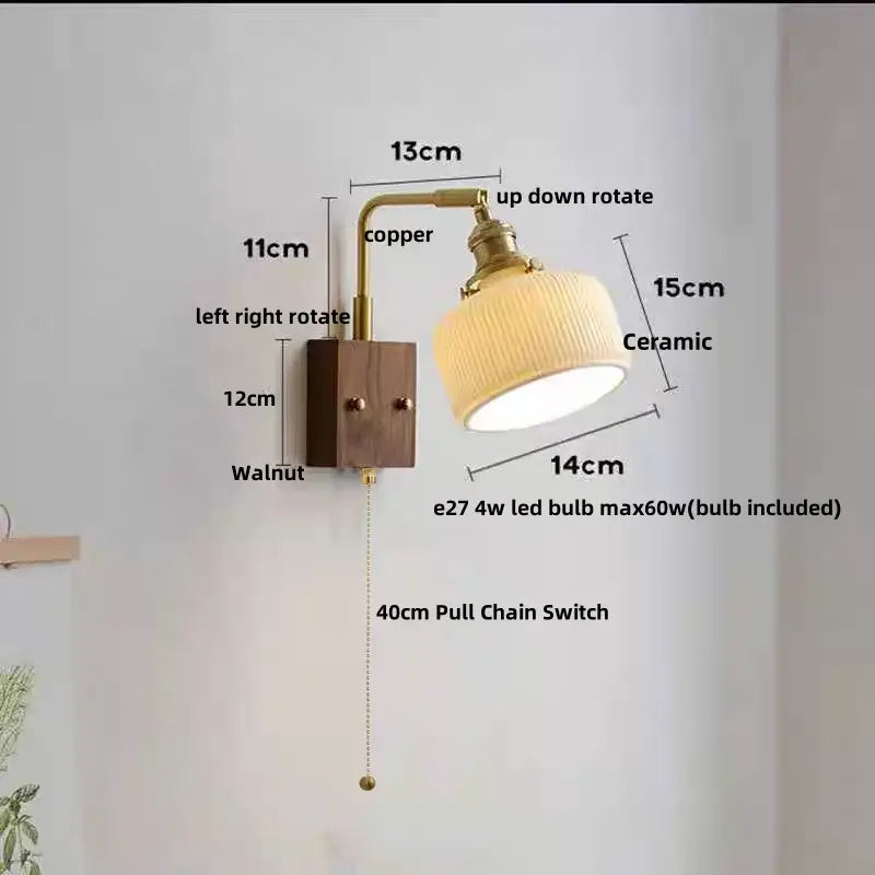Industrial brass and walnut led wall light with copper and walnut wall sconce featuring a ribbed ceramic shade