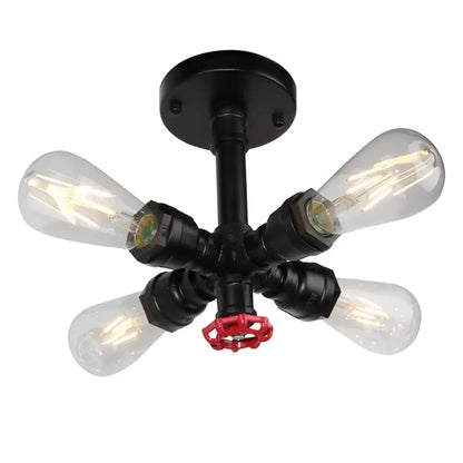 Black industrial brass ceiling chandelier with four clear glass filament bulbs and red valve handle for dining room decorbites industrial brass