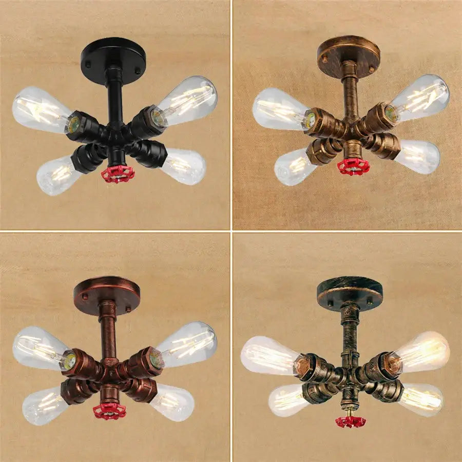 Industrial brass ceiling chandelier with four clear glass bulbs and dark copper finish for dining room decorbites industrial brass