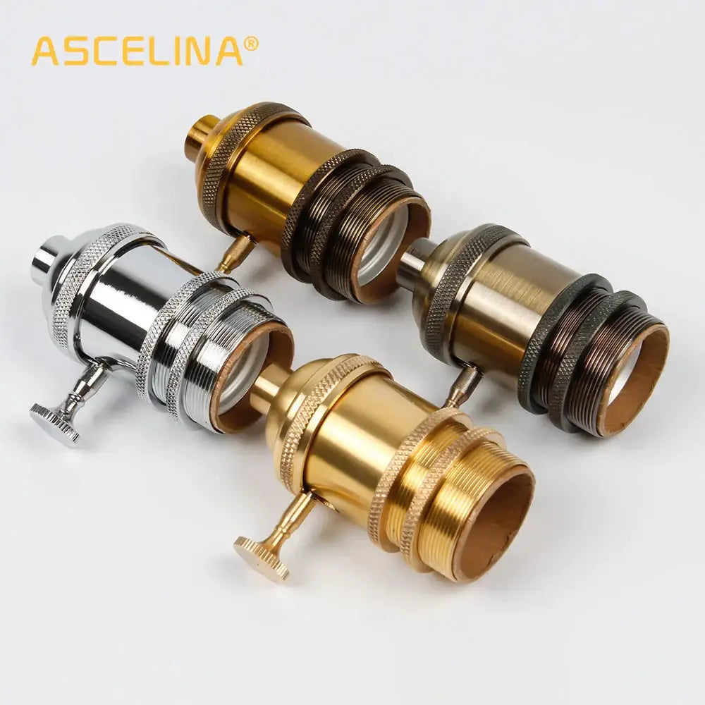Ascelina vintage-style industrial lamp base holders in polished brass and chrome with textured ridged surfaces for dining pendants