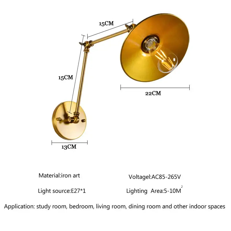Brass-finished decorbites adjustable long arm wall lamp with circular shade and exposed edison bulb wall light