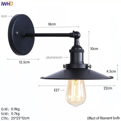 Black industrial wall light with matte iron plate aluminum arm and vintage filament bulb for decorbites brass edison bathroom