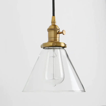 Industrial brass funnel flared glass pendant light with clear bell-shaped glass and black cord for kitchen decorbites funnel flared design