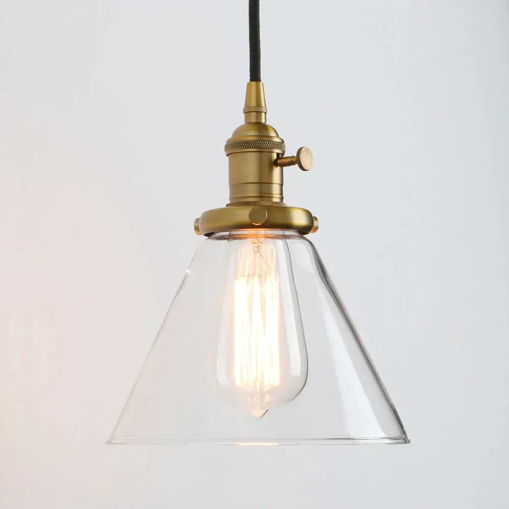 Industrial brass funnel flared glass pendant light with clear glass and exposed filament bulb for kitchen decorbites fixture