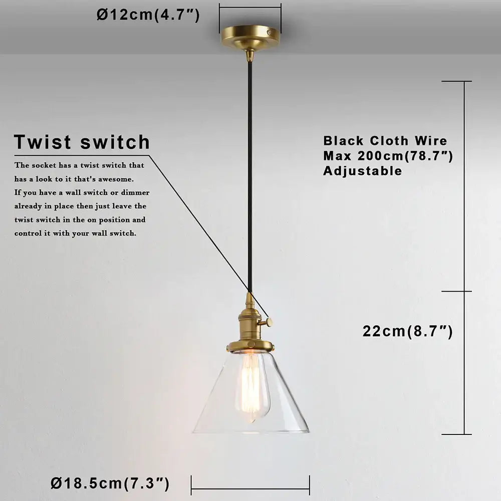 Industrial brass funnel flared pendant light with clear glass shade and exposed Edison bulb for kitchen decorbites funnel flared