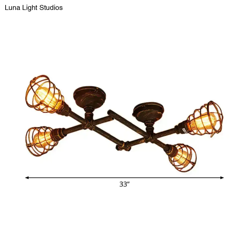 Industrial intersecting piping ceiling light with four brass cage bulbs on dark bronze metal frame for dining room