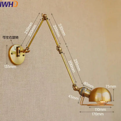 Industrial brass swing arm led wall lamp with articulated arms and dome shade for bedroom reading light