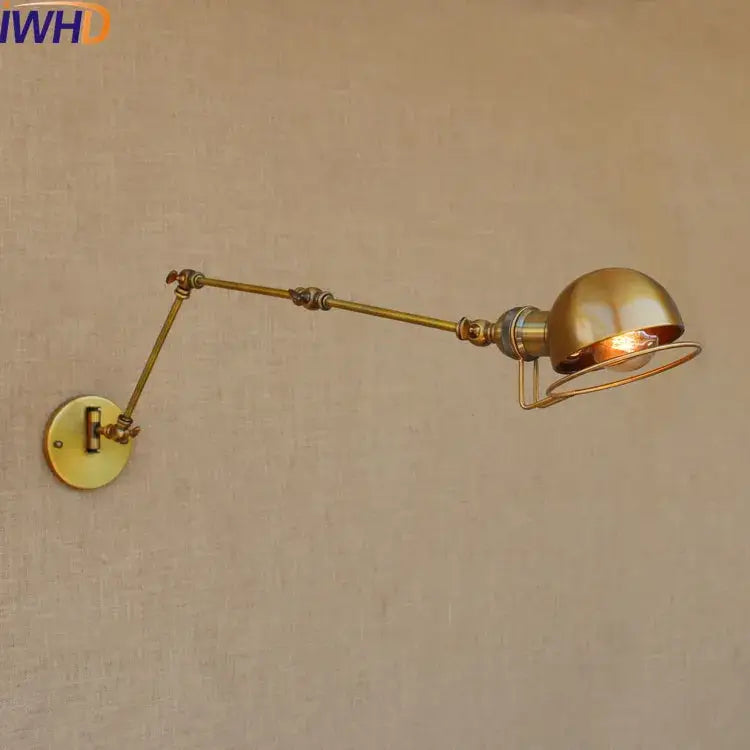 Industrial brass swing arm led wall lamp with brass finish dome shade and exposed filament bulb for bedroom reading